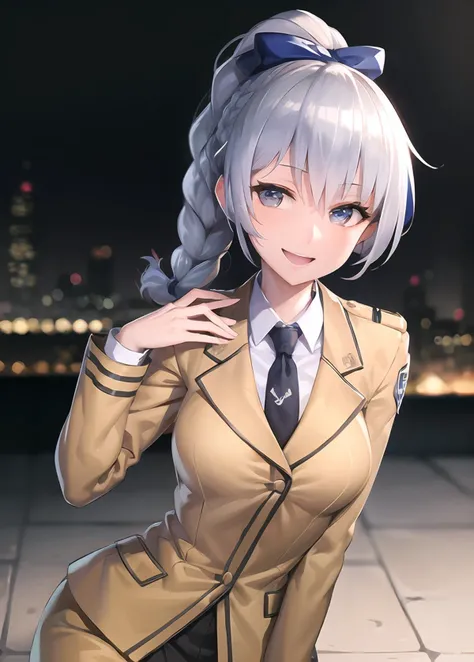 (masterpiece, best quality,extreme detailed beautiful eyes), best illumination, perfect lighting,look at viewer, (1 girl, solo,day, city, upper body,dynamic angle),(hand_to_mouth:1.2), (smile,shiny_eyes,face,bangs, ponytail,long_hair, large_breasts),<lora:teletha_lycoris_bf16:0.65>,telethatestarossa,jacket, uniform, pencil_skirt, braid,necktie