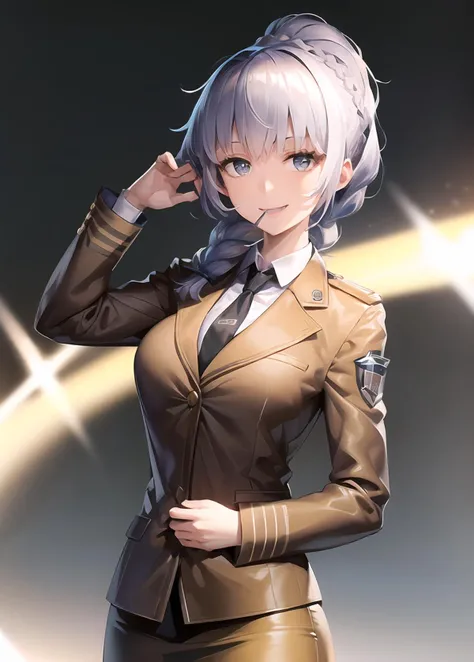 (masterpiece, best quality,extreme detailed beautiful eyes), best illumination, perfect lighting,look at viewer, (1 girl, solo,day, city, upper body,dynamic angle),(hand_to_mouth:1.2), (smile,shiny_eyes,face,bangs, ponytail,long_hair, large_breasts),<lora:teletha_lycoris_bf16:0.65>,telethatestarossa,jacket, uniform, pencil_skirt, braid,necktie