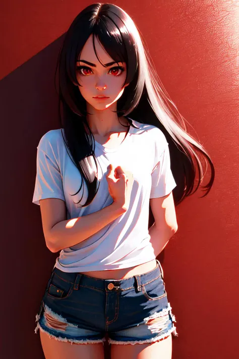 Highly detailed, High Quality, Masterpiece, beautiful, AOTSalute, <lora:AOTSalute:1>, solo, 1girl, black hair, red eyes, shirt, white shirt, long hair, shorts, short shorts, black shorts