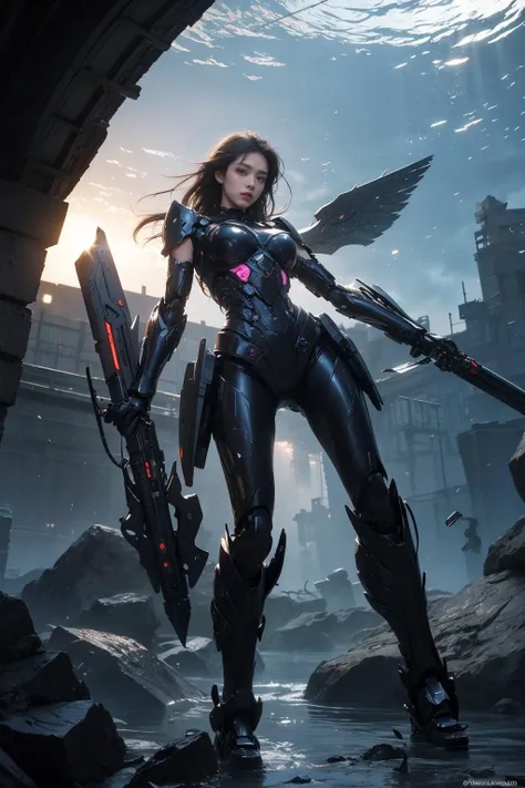 (masterpiece), best quality,full body,((1 girl)),((beauty detailed eye)),mecha,huge_filesize,(bare shoulders),science fiction,highly detailed,illustration,extremely detailed CG unity wallpaper,submerge,cinematic lighting,dramatic angle,beautiful face,posing,caustics,fine water surface,,Mechanical wing,Metal wings,Mecha wing,mecha clothes,robot girl,beautiful detailed face,
