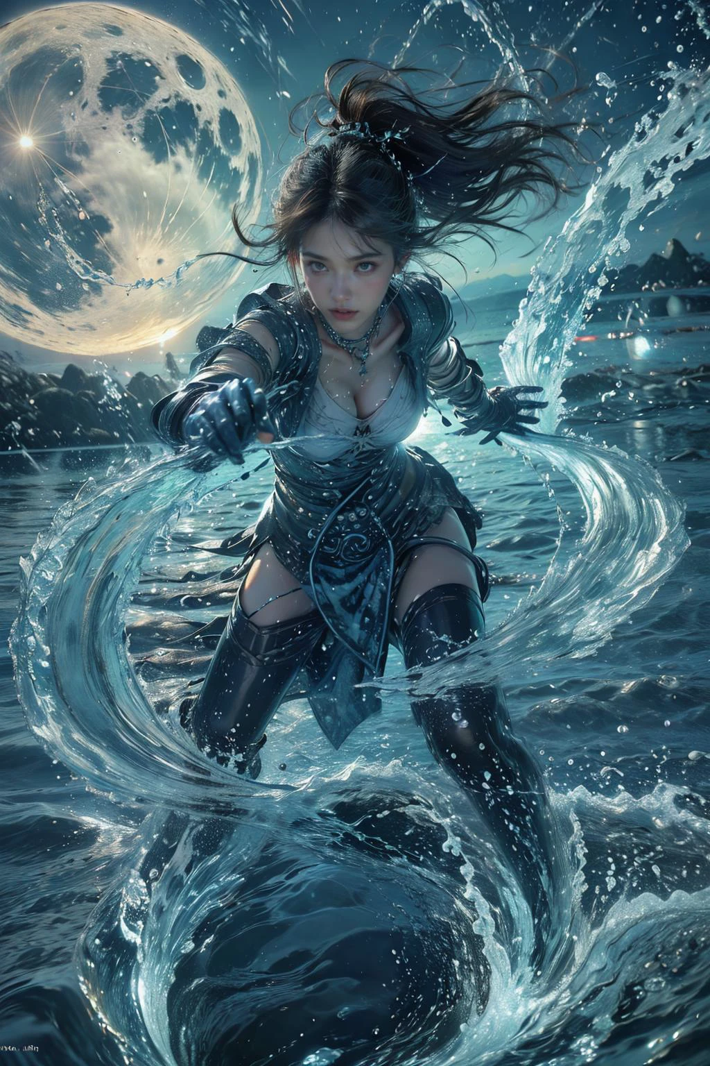 1girl, long hair, moon, black hair, solo, breasts, gloves, water, cleavage, night, sky, jewelry, night sky, ocean, medium breasts
Best quality,masterpiece,ultra high res,<lora:GoodHands-beta2:1>,<lora:MIAOKA_younideshijie_1.0:0.5>,<lora:æµ·é£ä¸v4.1:0.65>,
