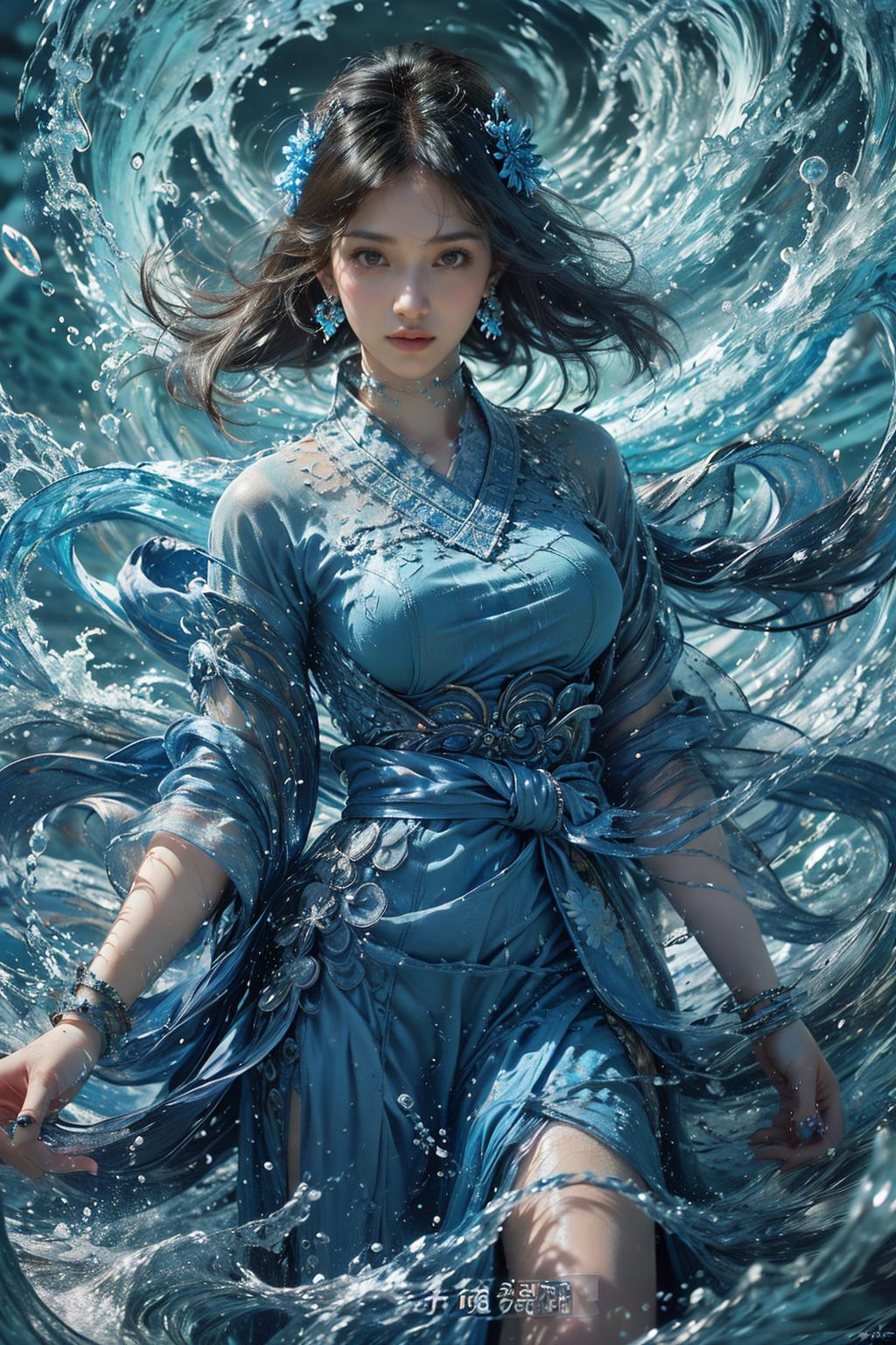 A woman in a blue dress is floating in the water - SeaArt AI