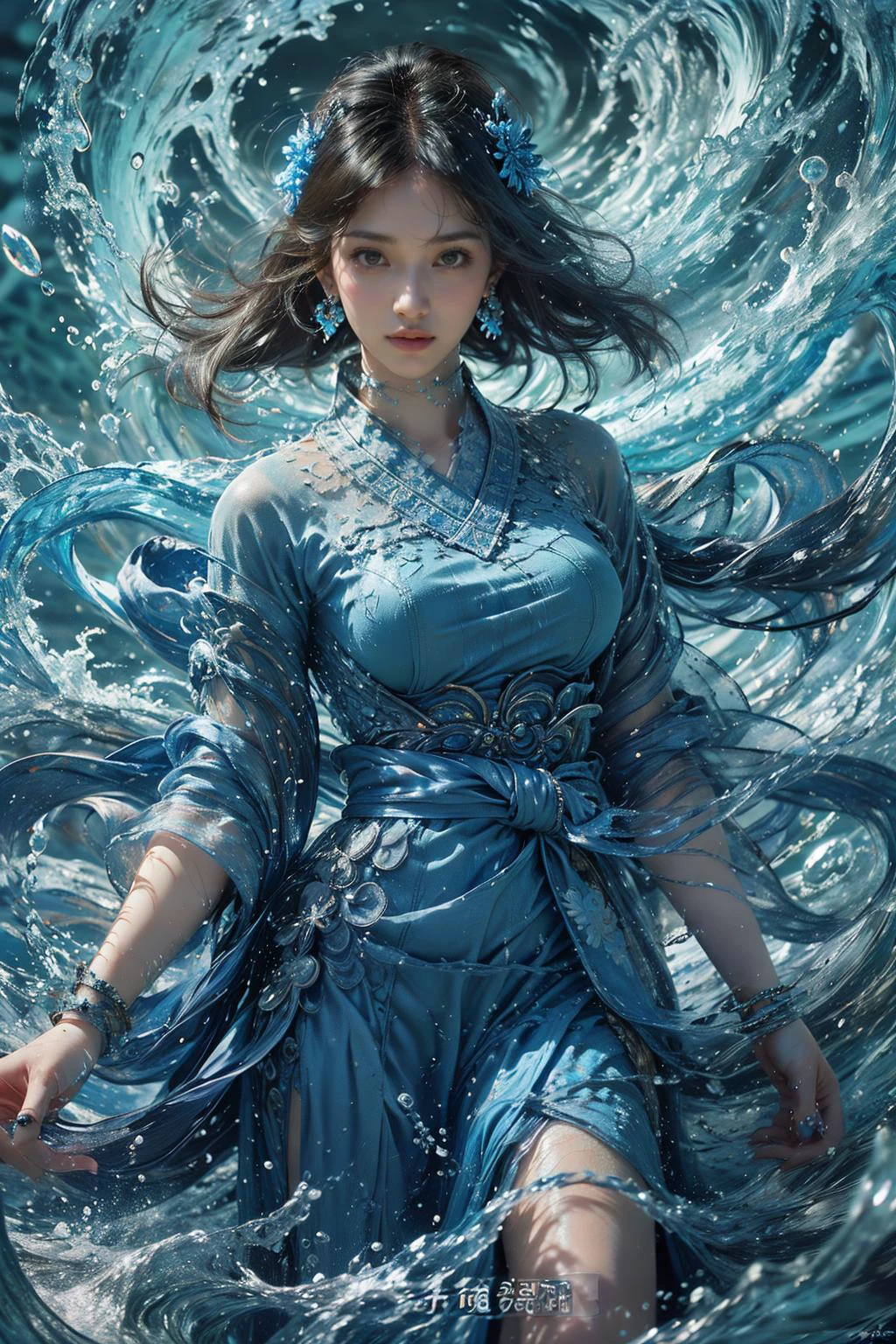 1girl, solo, water, dress, jewelry, blue dress, looking at viewer, splashing, black hair, sash, chinese clothes, earrings, blue eyes, long hair, hair ornament, bracelet, waves
Best quality,masterpiece,ultra high res,<lora:GoodHands-beta2:1>,<lora:MIAOKA_younideshijie_1.0:0.5>,<lora:æµ·é£ä¸v4.1:0.65>,
