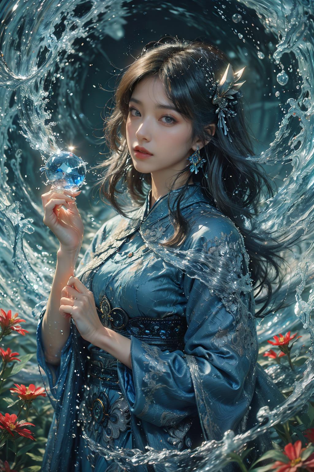 A woman in a blue dress holding a crystal ball in her hand - SeaArt AI
