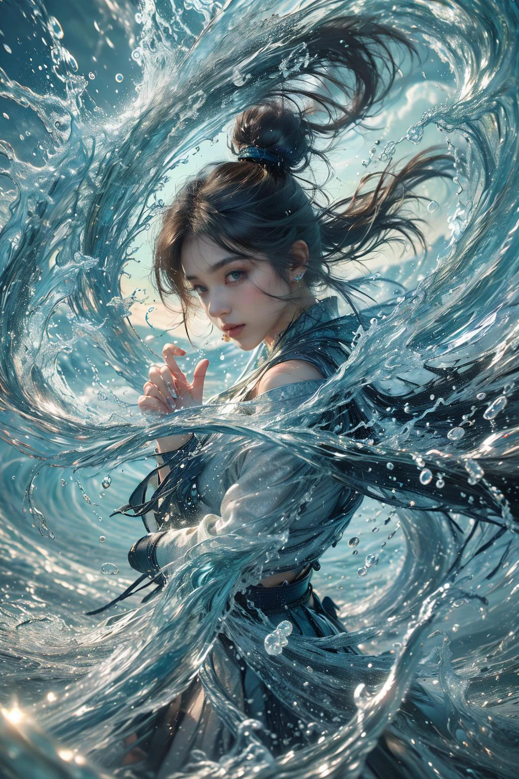 1girl, water, solo, black hair, hair bun, looking at viewer, single hair bun, chinese clothes, jewelry, parted lips, splashing, long hair, waves, brown eyes, weapon, upper body, armor, earrings, dress,
Best quality,masterpiece,ultra high res,<lora:GoodHands-beta2:1>,<lora:MIAOKA_younideshijie_1.0:0.5>,<lora:æµ·é£ä¸v4.1:0.65>,