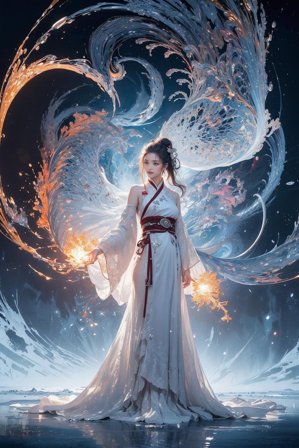 A woman in a white dress standing in front of a large wave - SeaArt AI