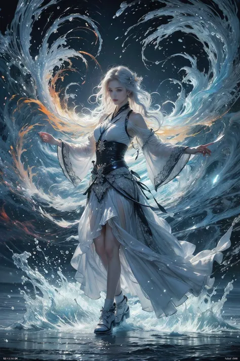 (masterpiece, top quality, best quality, official art, beautiful and aesthetic:1.2),(1girl:1.2),cute,extreme detailed,(abstract:1.4, fractal art:1.3),(silver_hair:1.1),fate \(series\),colorful,highest detailed,(fire:1.2),ice,lightning,water,(splash_art:1.2),jewelry:1.4,hanfu,scenery,ink,full body,<lora:æµ·é£ä¸v4.1:0.5>,haifeisi,