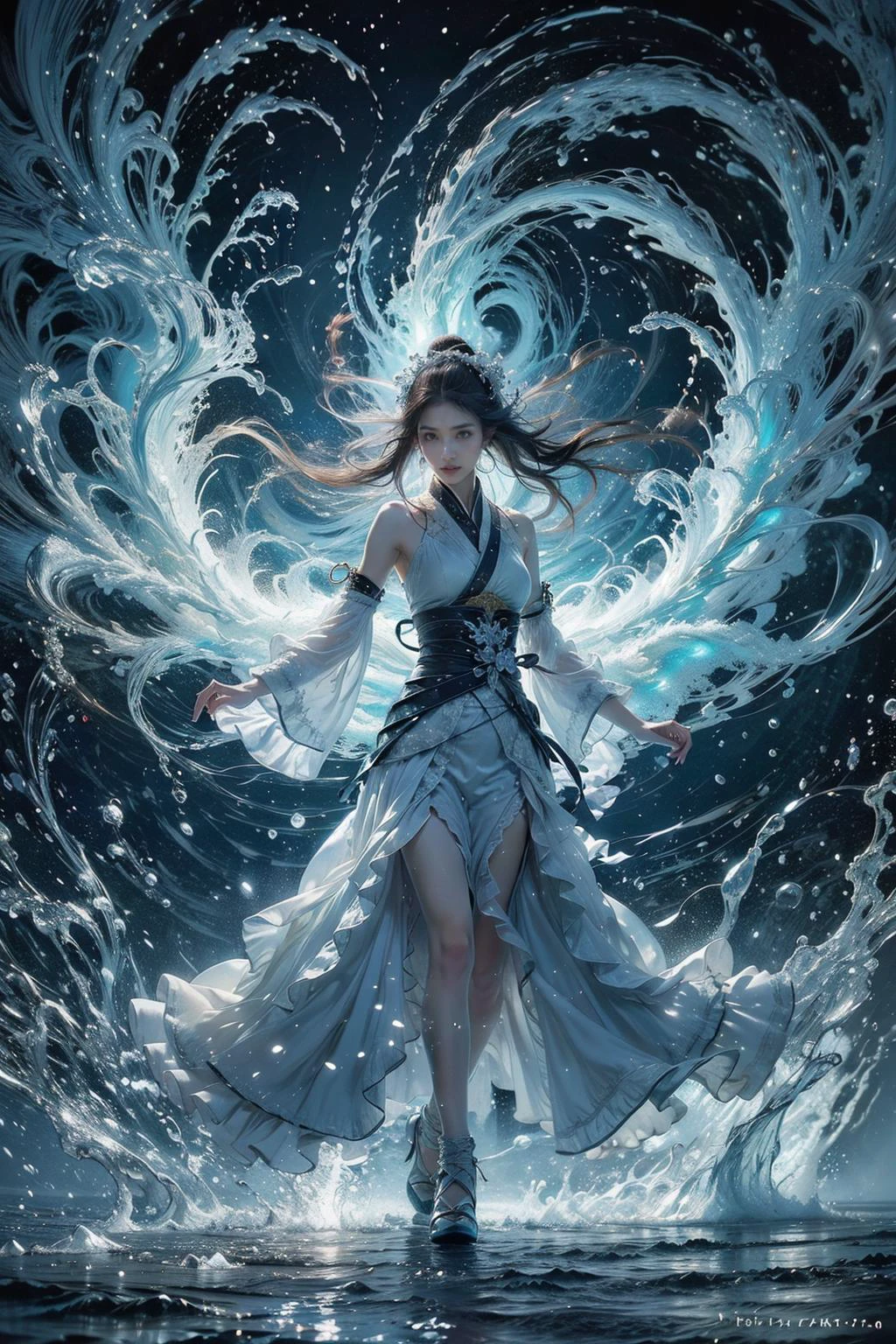 (masterpiece, top quality, best quality, official art, beautiful and aesthetic:1.2),(1girl:1.2),cute,extreme detailed,(abstract:1.4, fractal art:1.3),(silver_hair:1.1),fate \(series\),colorful,highest detailed,(fire:1.2),ice,lightning,water,(splash_art:1.2),jewelry:1.4,hanfu,scenery,ink,full body,<lora:æµ·é£ä¸v4.1:0.5>,haifeisi,