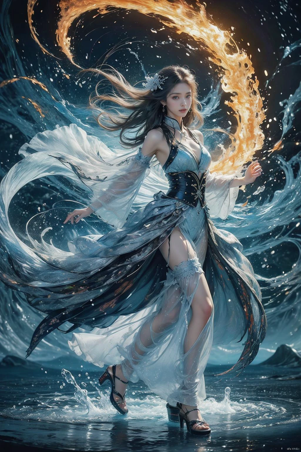 (masterpiece, top quality, best quality, official art, beautiful and aesthetic:1.2),(1girl:1.2),cute,extreme detailed,(abstract:1.4, fractal art:1.3),(silver_hair:1.1),fate \(series\),colorful,highest detailed,(fire:1.2),ice,lightning,water,(splash_art:1.2),jewelry:1.4,hanfu,scenery,ink,full body,<lora:æµ·é£ä¸v4.1:0.65>,haifeisi,
