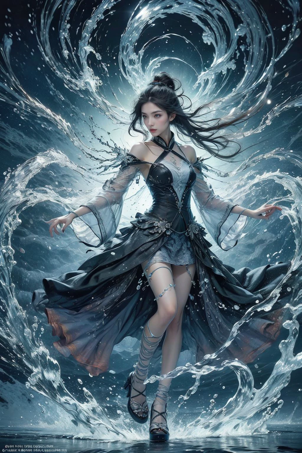 (masterpiece, top quality, best quality, official art, beautiful and aesthetic:1.2),(1girl:1.2),cute,extreme detailed,(abstract:1.4, fractal art:1.3),(silver_hair:1.1),fate \(series\),colorful,highest detailed,(fire:1.2),ice,lightning,water,(splash_art:1.2),jewelry:1.4,hanfu,scenery,ink,full body,<lora:æµ·é£ä¸v4.1:0.65>,haifeisi,
