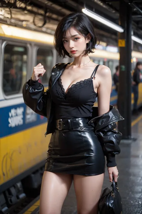 At the train station, a young girl stands on the platform between two trains, with black short hair, black plastic waist underwear, black high necked jacket, black camisole skirt, cleavage, exposed thighs, punk style, front view, facing the camera, carefree temperament, and a cinematic style,
Best quality,masterpiece,ultra high res,<lora:MIAOKA_younideshijie_1.0:0.3:lbw=color>,