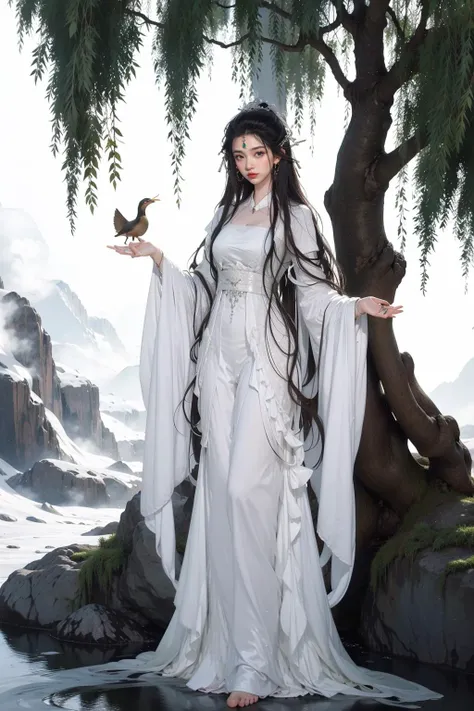 jyyv3, a woman in a white dress standing in a forest with a tree in the background and a bird in her hand, 1girl, long hair, solo, umbrella, dress, black hair, white dress, hanfu, chinese clothes, hair ornament, tree, full body, long sleeves, holding, water, forehead mark, see-through,
Best quality,masterpiece,ultra high res,<lora:jyyå¤è£ v3:0.7>,