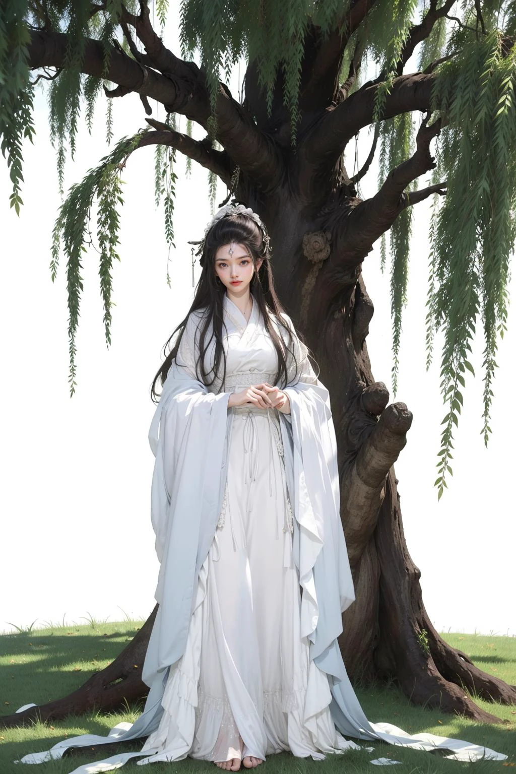 jyyv3, a woman in a white dress standing in a forest with a tree in the background and a bird in her hand, 1girl, long hair, solo, umbrella, dress, black hair, white dress, hanfu, chinese clothes, hair ornament, tree, full body, long sleeves, holding, water, forehead mark, see-through,
Best quality,masterpiece,ultra high res,<lora:jyyå¤è£
v3:0.7>,