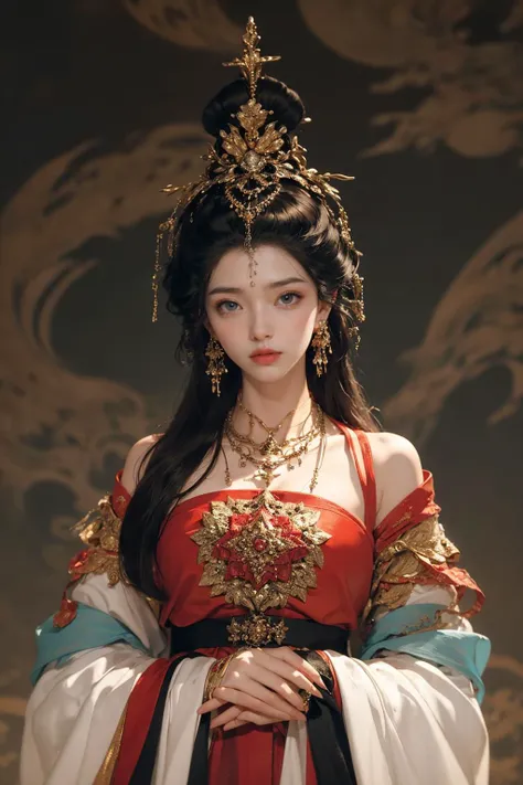 jyyv3,a woman in a costume with a large headpiece and a large necklace on her head and a red dress,1girl,jewelry,earrings,solo,necklace,red lips,black hair,hair ornament,makeup,hanfu,upper body,looking at viewer,lipstick,chinese clothes,updo,long sleeves,closed mouth,red dress,black eyes,gem,beads,dress,
Best quality,masterpiece,ultra high res,<lora:jyyå¤è£
v3:0.7>,