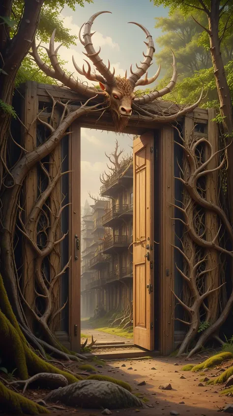 <lora:Hornyfier:1>Hornyfier a door in the woods leading to a bustling metropolis, (Masterpiece:1.3) (best quality:1.2) (high quality:1.1)