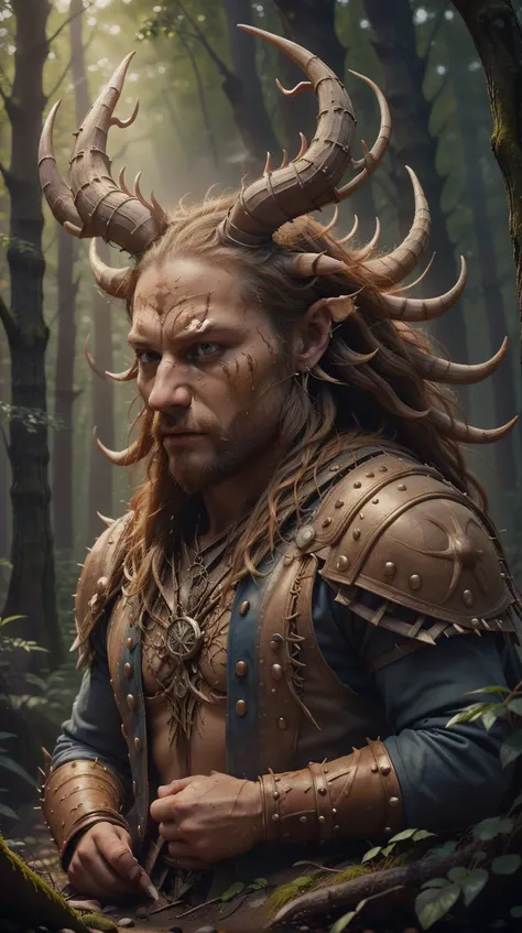 <lora:Hornyfier:1>Hornyfier swedish, portrait, looking up, solo, (full body:0.6), detailed background, (<lora:smoke_model:0.4>, smokestyle theme:1.1), nordic medieval warrior, determined expression, focusing, dynamic pose, norse pagan mythology, brown war paint on face, blood spatters, simple muted dark blue studded leather vest, dense scandinavian forest, filtered light, (darkness:0.8), viking atmosphere, horns, (Masterpiece:1.3) (best quality:1.2) (high quality:1.1)