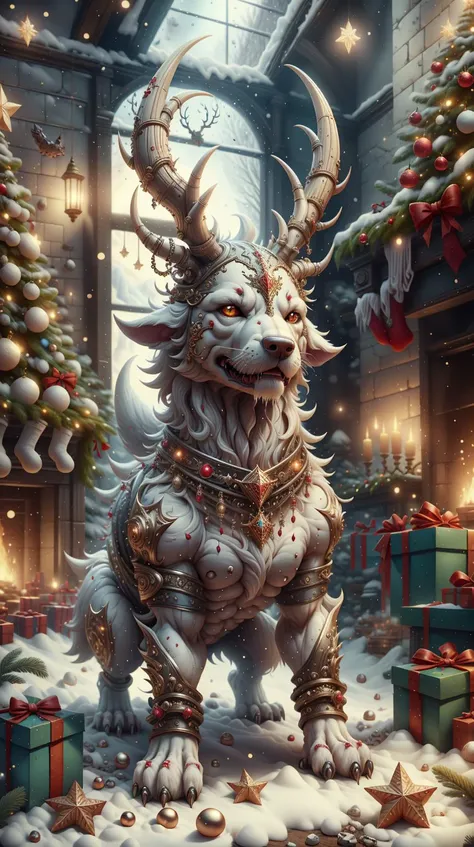 <lora:Hornyfier:0.5>Hornyfier dog body, pointy horns, <lora:ChristmasDecorativeStyle:0.8> ChristmasDecorativeStyle, (Masterpiece:1.3) (best quality:1.2) (high quality:1.1)