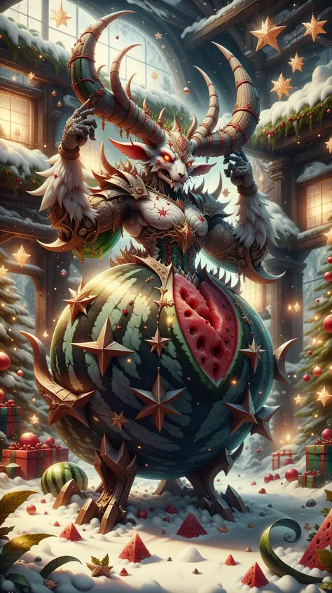 <lora:Hornyfier:0.5>Hornyfier watermelon, pointy horns, <lora:ChristmasDecorativeStyle:0.8> ChristmasDecorativeStyle, (Masterpiece:1.3) (best quality:1.2) (high quality:1.1)