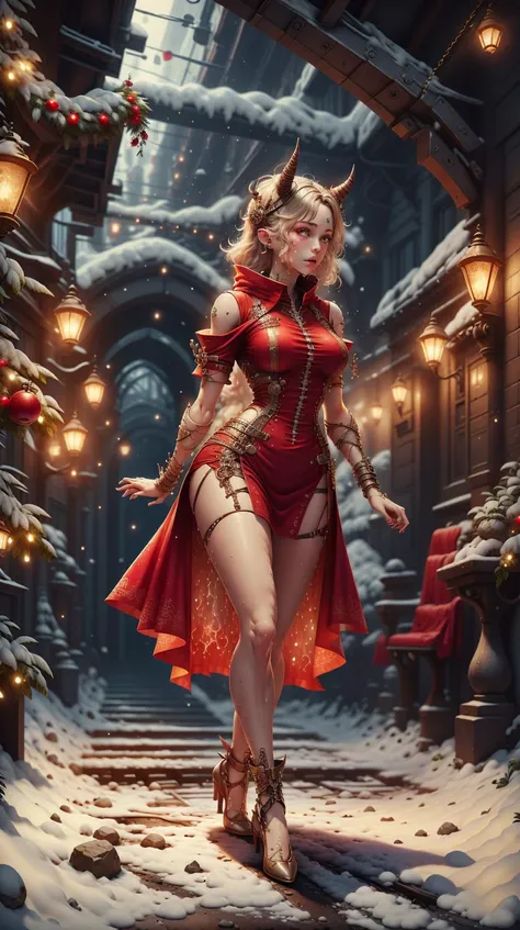 <lora:Hornyfier:0.5>Hornyfier tight lower body clothing, virtuality fiber, essenzia (a potent liquid), tunic length, empire waist, train,,illusion back,,convertible dress, button closure,,bow accents
, pointy horns, <lora:ChristmasWintery:0.6> ChristmasWintery, (Masterpiece:1.3) (best quality:1.2) (high quality:1.1)