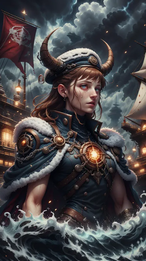 <lora:Hornyfier:0.5>Hornyfier Style-GravityMagic, portrait, solo, upper body, looking away, detailed background, detailed face, (<lora:SteamPunkBundleV3:0.5>, ManyPipesAI theme:1.1), ship captain, calm, Brown  admiral uniform, elegant cape, tricorn hat,  flag, dynamic movement, in dock,    ship wheel,  fleet in background, dusk, dramatic lighting, strategy, somber atmosphere,, pointy horns, <lora:ChristmasWintery:0.6> ChristmasWintery, (Masterpiece:1.3) (best quality:1.2) (high quality:1.1)