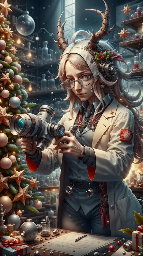<lora:Hornyfier:0.5>Hornyfier scientist in lab coat with a microscope, pointy horns, <lora:ChristmasDecorativeStyle:0.8> ChristmasDecorativeStyle, (Masterpiece:1.3) (best quality:1.2) (high quality:1.1)