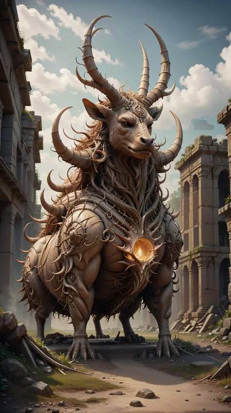 anthro, minotaur, solo, female, muscular body, amazonian female, thick thighs, thin waist, happy, seductive pose, naked, black nipples, big breasts, pubic hair, fluffy fur, side view, fat ass, voluptuous