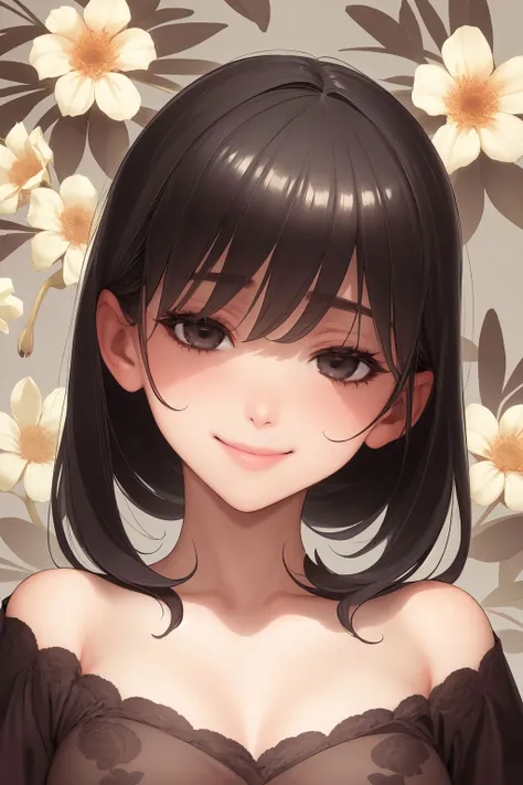 portrait, solo, 1girl, looking ahead, smile, blush, large breasts, frontlighting, Aster \(flower\), floral background <lora:kedama_milk_style_v01:1>