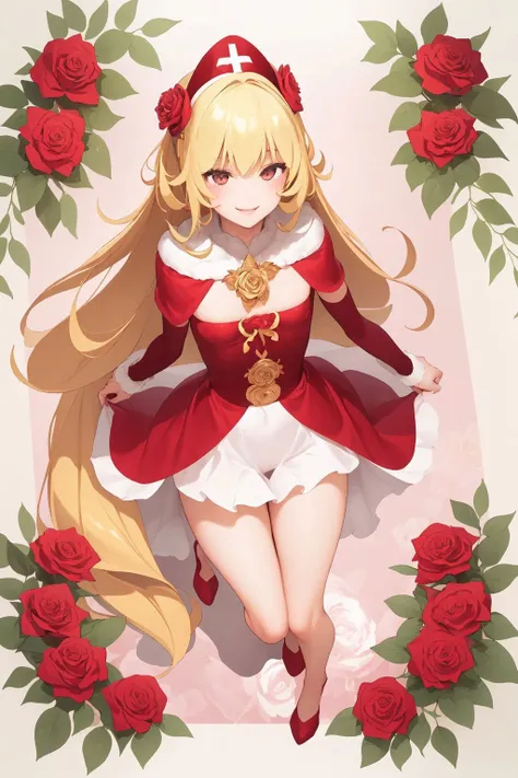 full body, solo, 1girl, look up to, smile, blush, small breasts, sunbeam, Rose_Kardinal \(flower\), floral background <lora:hizuki_akira_style_v03:1>
