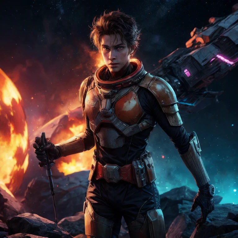 A male space fire warrior, in the style of t3xtn, glowing colors background,
<lora:add_detail:1>