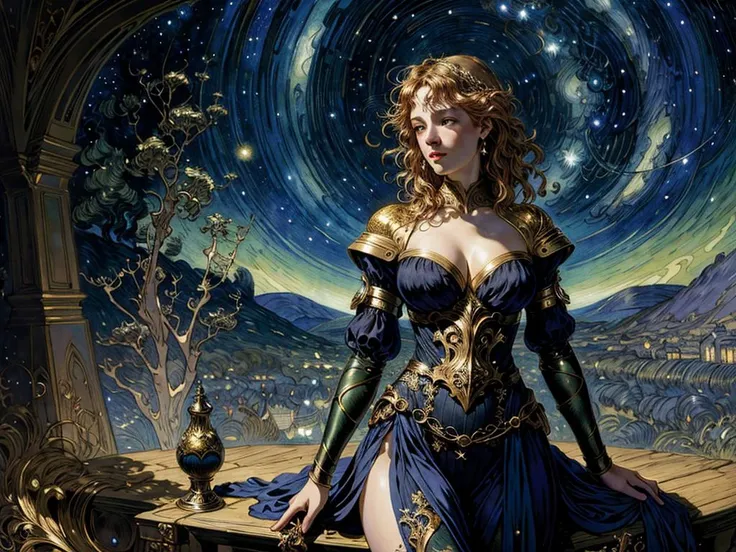 masterpiece, best quality, ultra high res, fantasy illustration, highly detailed, (rebecca guay:1.4), 1girl, goddess of night, (starry night sky:1.1), (dark theme), somber, atmospheric,