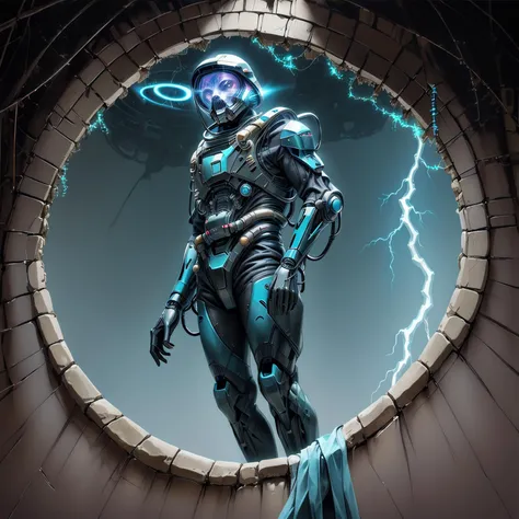 A sci-fi portal pulsing and glowing with blue light, lightning flickering across a portal, pulsating, portal to another dimension, facing away from camera, sci-fi, portal, masterpiece, ultra-realistic, realism, futuristic, man walking, exosuit, mechanical exo-skeleton, sci-fi suit, man, emerging from portal, lighting around portal, another dimension, ancient portal, A man in a golden exosuit emerging from a sci-fi portal pulsing and glowing with blue light, vines wrapping themselves around the rim, vines made of lightning, enormous cracked stone wall in the background, underground, Angular helmet <lora:Egyptgodpunkv.4:1>, sand falling from ceiling, helmet, sci-fi helmet, helmet covering face