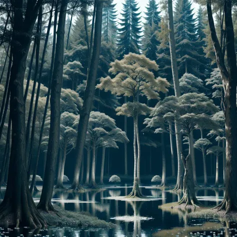 A lake of data in a computerized forest, binary, computer language, binary water, robotic trees