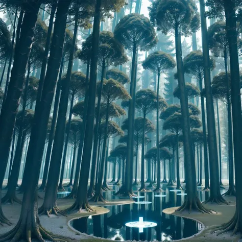 A lake of data in a computerized forest where the water is binary numbers, binary, computer language, binary water, robotic trees