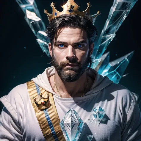 (masterpiece,best quality,absurdres,lineart:1),original design,accessories,portrait,1boy,(icy:1.4),king,(decorated:1.5),(glowing:1.4),blue eyes,white clothing,black hair,dramatic lighting,beard,40yo,(crown:1.2),in a castle