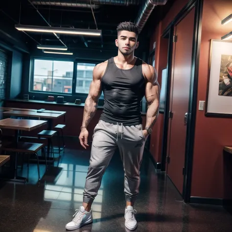 (best quality), (high quality), (detailed), (masterpiece), (absurdres), a portrait of a young man, 1man, looking at the camera, realistic, (cute:1.2), (handsome:1.2), masculine features, toned, tanned skin, short hair, fade side, (wearing black tank top, gray jogger pants, white shoes), indoor, studio, cafeteria, neon lights, professional lighting, photograph, hdr, depth of field, 35mm, dslr shot, canon, f/12, 100 ISO, dynamic lighting, vibrant colors, octane render, ((8k)), (sharp focus), beautiful hands, detailed fingers, <lora:add_detail:0.75>, slender body, thin but muscular body, toned
