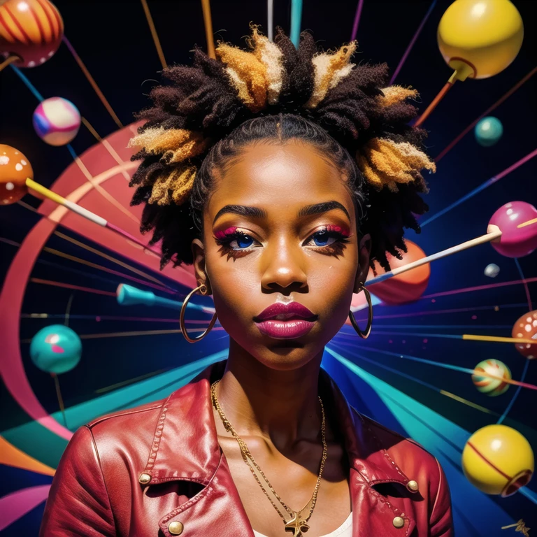 (masterpiece,best quality,absurdres,lineart:1),original design,1girl,chic,trendy,pop,afro,dark skin,makeup,1970's,psychedelic