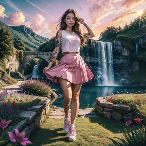 (best quality, masterpiece:1.3), girl, animated, cute, cute and adorable, wide top, pink skirt, sneakers, tattoo,  long hair, open legs, long grass, sunset, full body, blushed,  well, waterfall on the background, butterflies, glowing, old stone bridge, big flowers