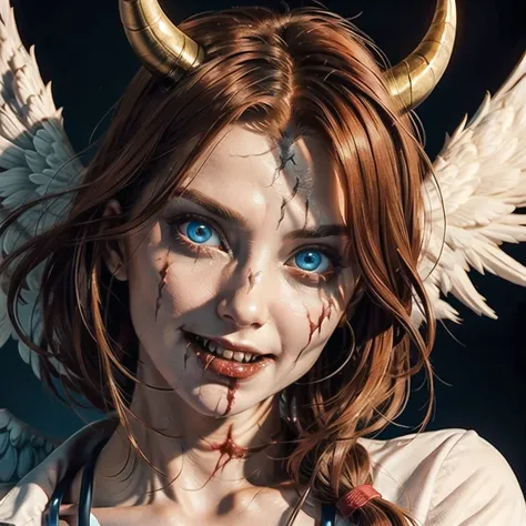 female nurse,(centered:1.2),(directly facing the camera:1.2),(angelic:1.6),blonde hair,blue eye,kind,gentle,halo,close up,BREAK, female demon,(centered:1.2),(directly facing the camera:1.2),(demonic:1.6),red hair,scars,smile,red eye,horns,bloody,close up