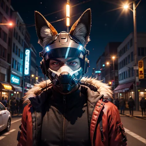 (masterpiece, best quality), photography, insane detail, (3d render), (3d), photorealism, blurry background, [futuristic city streets], night BREAK male anthro fox [cyborg], [cyberhelmet], (visor:1.25), (fluffy:1.2), detalied fur, red fur, (fox ears), (fox nose:1.3), (red glowing lights:1.2), mechanical parts, jacket BREAK (upper body), (headshot portrait), (facing viewer), (looking at viewer:1.1), <lora:cyberhelmetv0.7:0.7>