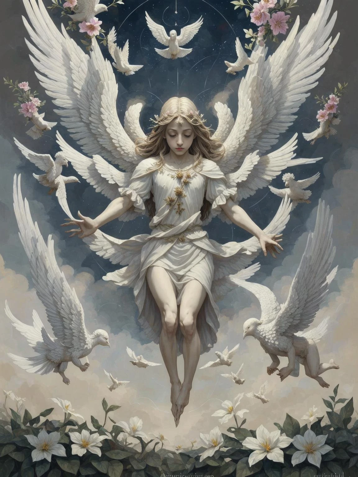 <lora:biblically_accurate_lora_v1:0.5> an intricate painting of an angels with wings and doves flying in the air, light, flowers, awanqi, rule of thirds