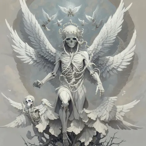 <lora:biblically_accurate_lora_v1:0.5> an intricate painting of a [skeletal:0.5] angel with wings and doves flying in the air, light, angelic, flowers, awanqi, rule of thirds