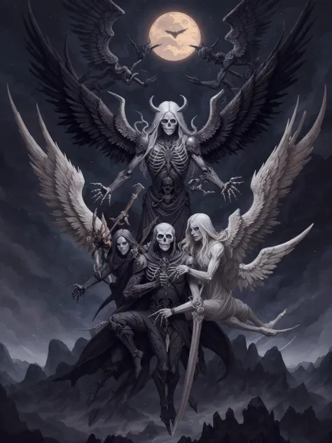 <lora:biblically_accurate_lora_v1:0.5> an intricate painting of three angels with wings and a demon on a mountain, skeletons, ark nights, necromancer, dark, awanqi, rule of thirds