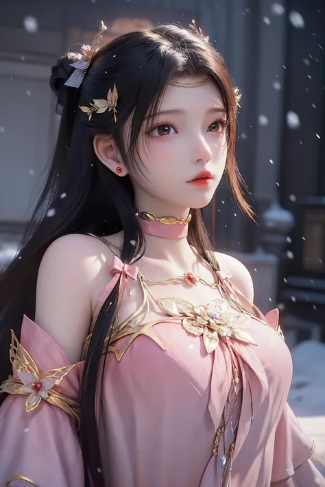 <lora:TianLinger:0.8>,tianlinger,1girl,solo,jewelry,black hair,long hair,hair ornament,brown eyes,earrings,Gold ornament,necklace,simple background,realistic,choker,lips,bare shoulders,bow,upper body,round face,look up,the breeze stirred the hair,heavy snow,(snowing:1.4),cowboy_shot,portrait,(black background:1.1),night,, best quality , masterpiece, illustration, an extremely delicate and beautiful, extremely detailed ,CG,unity,8k wallpaper, Amazing, finely detail, masterpiece, best quality,official art,extremely detailed CG unity 8k wallpaper,absurdres, incredibly absurdres, huge filesize , ultra-detailed, highres, extremely detailed,beautiful detailed girl, extremely detailed eyes and face, beautiful detailed eyes,light on face,