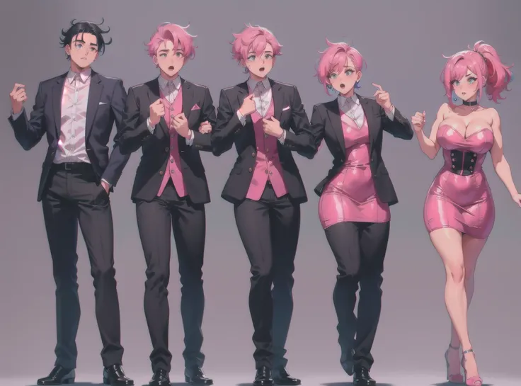masterpiece,  best quality, gender transformation, mtf, sequence, cloth bulge, full body, standing, simple white background, suit jacket, manly black hair, girly pink hair, tight dress, bimbo slut,  <lora:gender-transformation:0.9>
