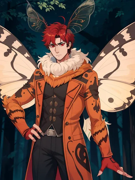 moth man, arthropod monster man, expressionless, mature male, black sclera, red eyes, insect wings, antennae, detailed, masterpiece, absurdres, best quality, forest, cowboy shot <lora:mothGirl-000020:0.85>