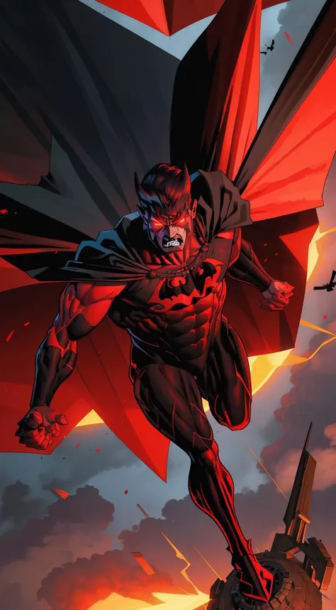 mature male, (red glowing eyes), black uniform, angry, day, detailed, flying, cape, masterpiece, absurdres, best quality, dark, flat colors <lora:clayMann-000012:0.75>
