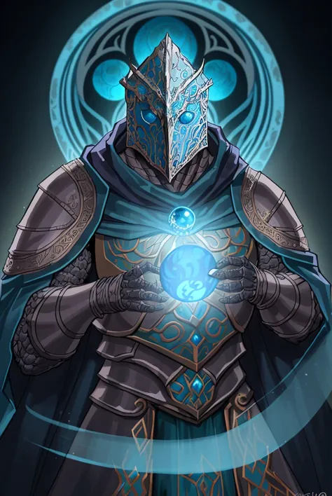 a filigree giant [metal|man|machine|shadow] creature with a blue orb core in chest, cloak, metal mask, dnd style, horror \(theme\),