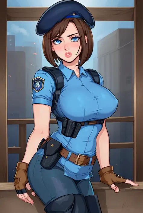 mature female, lips, long eyelashes, jill valentine, short brown hair, black fingerless gloves, blue eyes, beret, hat, blush, large breasts, short sleeves, pants, police uniform, blue skirt, blue shirt, shirt tucked in, masterpiece, best quality <lora:afrobull-000018:0.7>