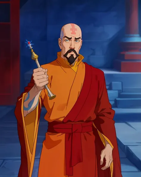 bald, facial hair, monk wearing a red and yellow robe, blue tattoo, cowboy shot <lora:legendOfKorraStyle-000018:0.8>
