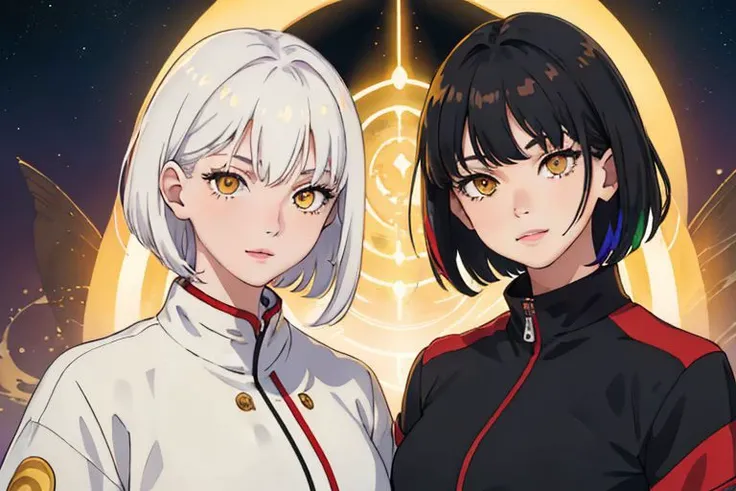 2girls, (masterpiece, best quality), intricate details, thin, ((slim)), beautiful girls, one girl with white hair, one girl with black hair, white skin,golden yellow eyes, sharp jawline, red jacket, messy hair, plump lips , smirk, rainbow colored light halo, short hair, blackhole, top dark sun